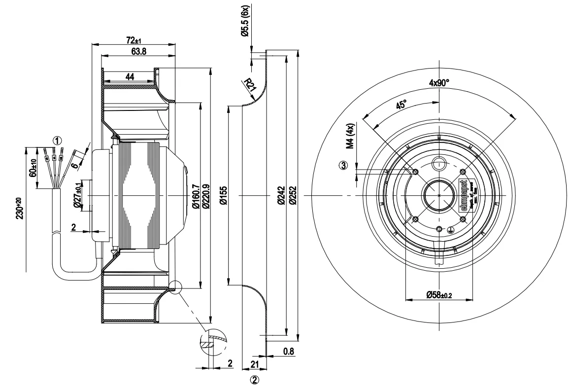 Габаритные размеры R2D220-AC14-20